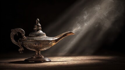 A bronze magic lamp with intricate engravings glowing with ethereal light symbolizes mystery, wishes, and ancient enchanted power.
