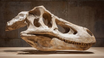An ancient dinosaur head fossil with preserved bone structure represents deep history, scientific discovery, and prehistoric life.
