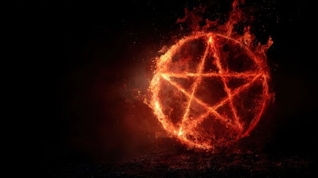 A fiery pentacle symbol engulfed in bright flames represents mysticism, inner power, and intense spiritual energy.
