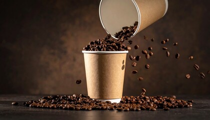Brown Paper Coffee Cup with Falling Beans on Rustic Wooden Surface and Dark Background
