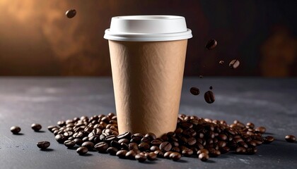 Brown Paper Coffee Cup with Falling Beans on Rustic Wooden Surface and Dark Background