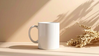 Plain White Ceramic Mug on Light Surface with Neutral Beige Background and Soft Lighting