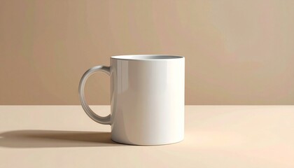 Plain White Ceramic Mug on Light Surface with Neutral Beige Background and Soft Lighting