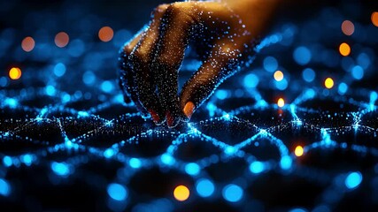 Human hand interacting with glowing digital network, futuristic technology concept. - Powered by Adobe