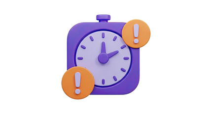 3D alarm clock with exclamation mark icons on transparent background