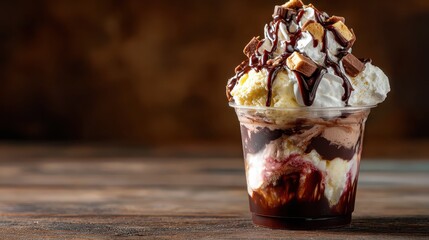A delicious ice cream sundae with creamy scoops and chocolate syrup represents indulgence, sweetness, and joyful dessert pleasure.
