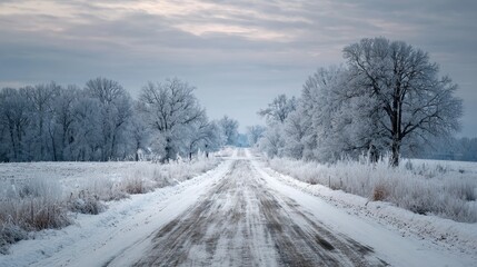 Obraz premium A snowy dirt road with deep tire tracks stretching forward evokes solitude, journey, and a quiet rural winter atmosphere. 