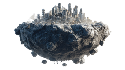 Futuristic city establishing a civilization on a floating asteroid island in space, advanced architecture and metropolis on transparent background