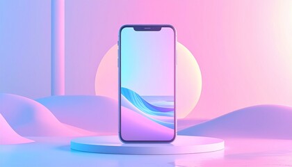 Modern smartphone standing on reflective surface with vibrant gradient light background display