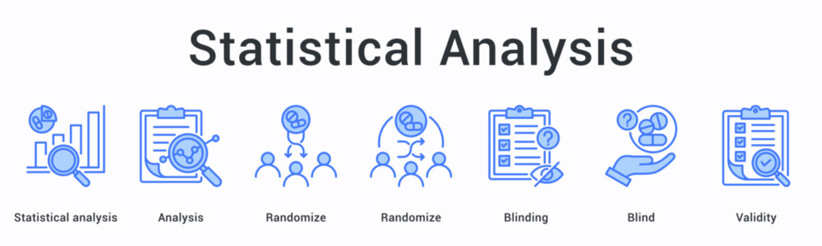 Statistical analysis banner web icon employs randomization and blinding techniques ensuring validity throughout analytical process.