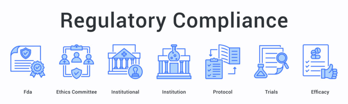 Regulatory compliance banner web icon ensures fda and ethics committee institutional protocol adherence measuring trials efficacy.