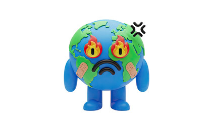 3D Angry Cartoon Earth with Band-Aids and Burning Eyes on transparent background