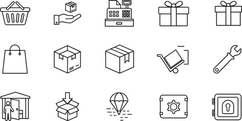 Complete set of retail and delivery line icons featuring shopping baskets gift boxes cash registers delivery carts secure safes and logistics symbols for commerce