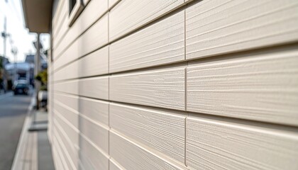 Obraz premium 住宅外壁の素材感が際立つ横ライン構造を捉えた建築ディテール表現
