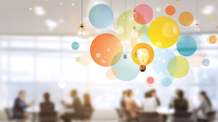 Creative office collaboration concept with colorful abstract elements representing ideas on gradient background.
