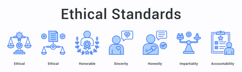 Ethical standards banner web icon establishes honorable conduct with sincerity and impartiality ensuring accountability frameworks.