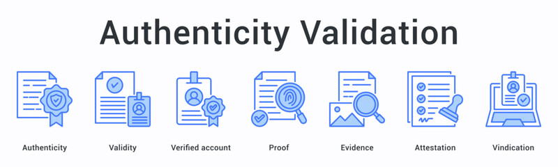 Fototapeta premium Authenticity validation banner web icon confirms validity through verified proof and evidence with attestation and vindication.