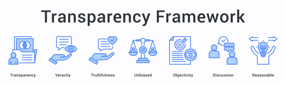 Transparency framework banner web icon promotes veracity and truthfulness with unbiased objectivity through reasonable discussion.