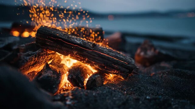 海辺の夜に燃える焚き火の接写、波音を感じる雰囲気