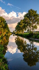 Serene canal reflects the sky, framed by lush greenery during golden hour