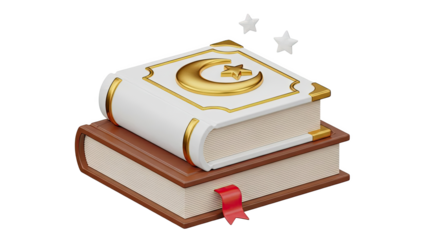 Islamic Books Stacked with Crescent Moon and Star on transparent background