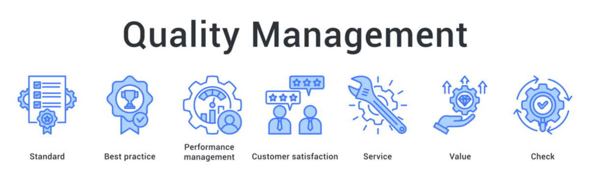 Quality management banner web icon establishes standards and best practices ensuring customer satisfaction and value delivery.