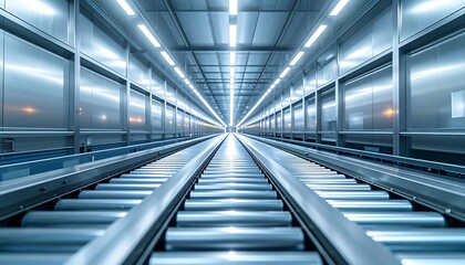 無人の搬送ラインが奥まで続く近未来的工場通路のシンメトリー構図