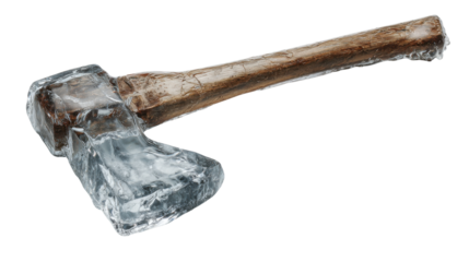 Ice axe featuring a frozen blade and wooden handle, a cold weapon or survival tool isolated on a transparent background