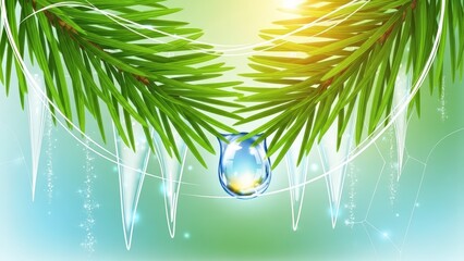 Close-up of a glistening water droplet hanging from a pine branch with icicles.