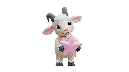 3D Cute cartoon goat holding a pink star on transparent background