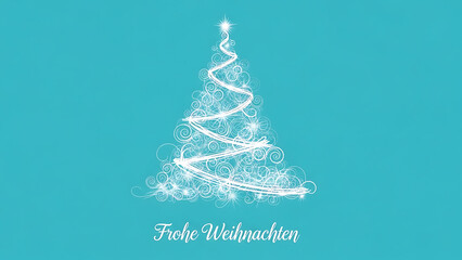 3D image Stylized Christmas Tree with Ribbons, Ornaments, Red Star, Froze Weihnachten Greeting on Blue Festive Background.
