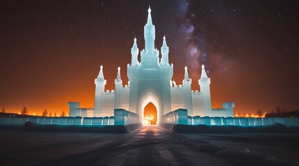 towering ice castle in harbin with starry sky background