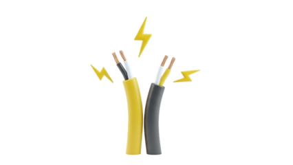 3D Electrical Wires with Lightning Bolt Symbols on transparent background