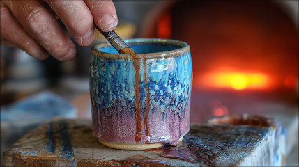 Hand Brushing Glossy Glaze on Ceramic Mug, Artisan Pottery Making with Kiln Glow in Background, Craftsmanship and Creativity Concept