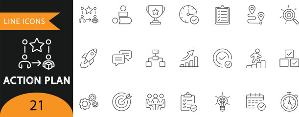 A professional set of 21 minimalist line icons representing action plans, strategic milestones, and goal execution. Ideal for corporate project management presentations, productivity app UI, and busin