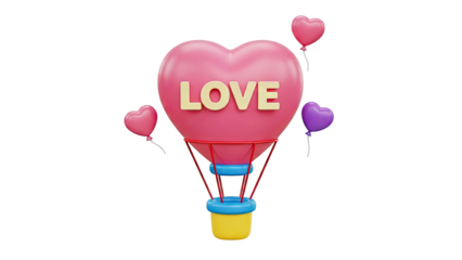 3D Heart shaped hot air balloon with LOVE message and balloons on transparent background