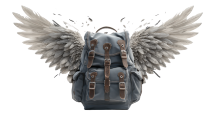 Backpack with white feathered wings concept, symbolizing freedom, travel, flight, adventure, light, and imaginative journeys
