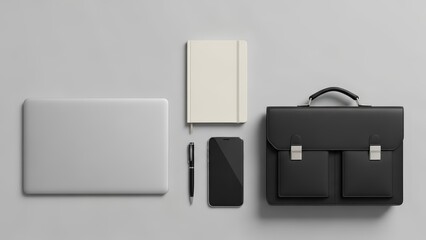 Flat Lay of Business Travel Essentials with Closed Laptop, Notebook, Pen, Smartphone, and Executive Briefcase