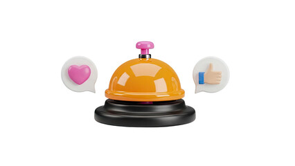 3D Hotel Bell with Like and Heart Icons on transparent background