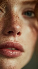 Fototapeta premium Extreme close-up portrait of natural lips with hydrated gloss finish, realistic skin texture and soft lighting, photorealistic beauty photography