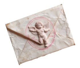 A vintage airmail envelope with a delicate cupid stamp is isolated against a transparent background. The envelope shows wrinkles and a timeless design, perfect for romantic themes