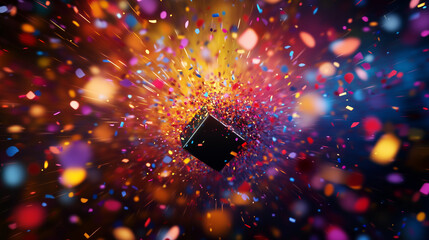Abstract explosion of colorful confetti surrounding a dark cube in a vibrant design