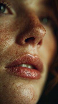 Extreme close-up portrait of natural lips with hydrated gloss finish, realistic skin texture and soft lighting, photorealistic beauty photography