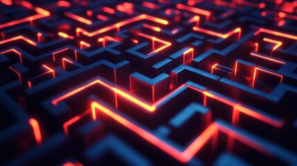 Glowing Red Neon Light Maze Background.