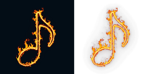 Music note on fire with floating embers for concert promotion, audio streaming announcements and entertainment news graphics about trending tracks, viral releases and chart performance
