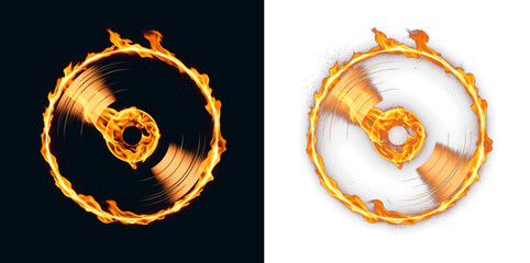 Vinyl record icon pictogram with combustion halo for DJ mix cover art, club night messaging and playlist packaging with copy space background for entertainment media, streaming release launch