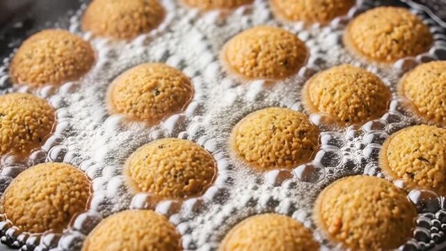 Golden Delights: A close-up view of golden cookies immersed in bubbling hot oil, their enticing forms promising a symphony of flavors and textures. 