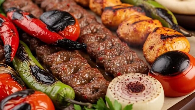 Grill Delights: A close-up shot of a meticulously arranged assortment of grilled kebabs and vegetables, with a focus on vibrant colors, textures, and enticing presentation
