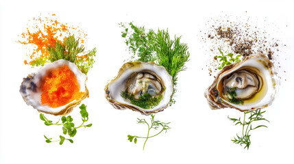 Three beautifully arranged oyster dishes, each garnished with unique and flavorful toppings. A culinary delight AI Generative