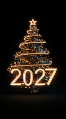 2027 Happy New Year celebration with golden numbers and decorated Christmas tree on festive background, modern holiday greeting card design for winter season celebrations and new year party decoration